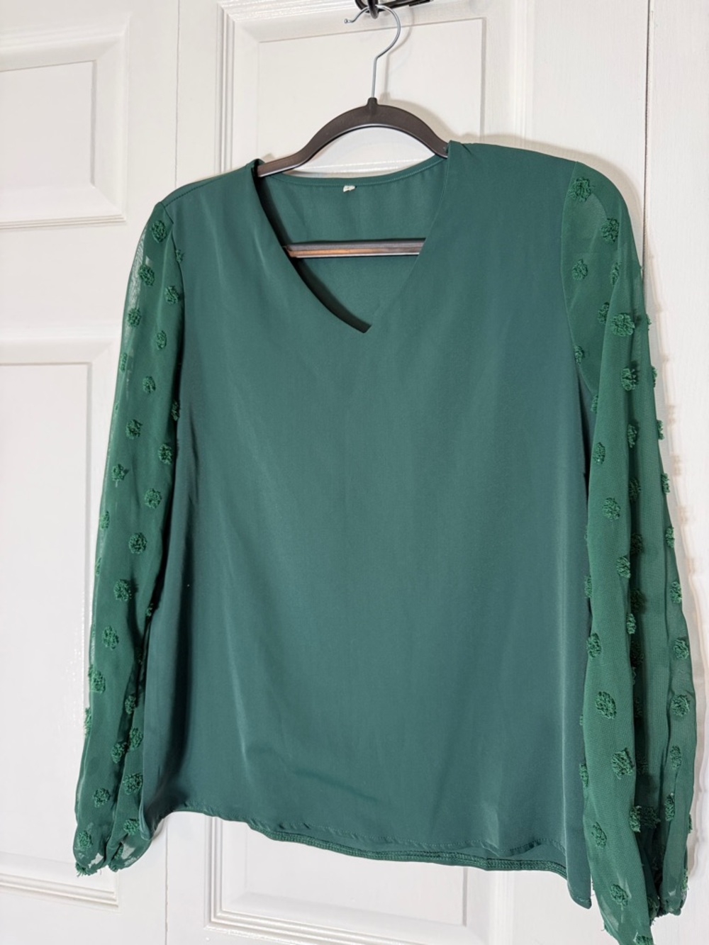 Women's Green V-Neck Blouse with Textured Sleeves
